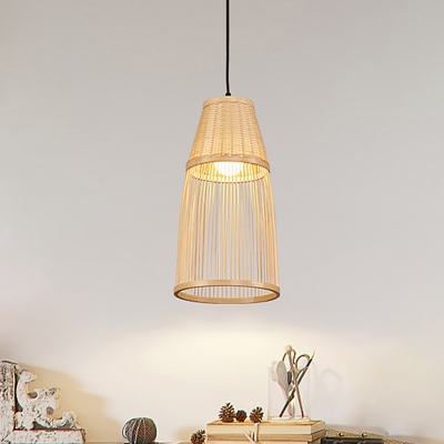 Cone Bamboo Rattan Dop Pendant Asia Style 1 Bulb Beige Hanging Ceiling Light for Bedroom