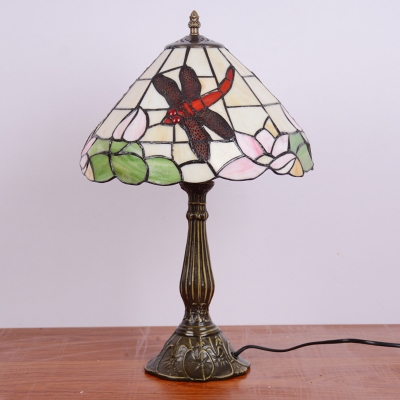 Conic Hand Cut Glass Night Lamp Tiffany Style 1 Bulb Bronze Dragonfly Patterned Nightstand Light