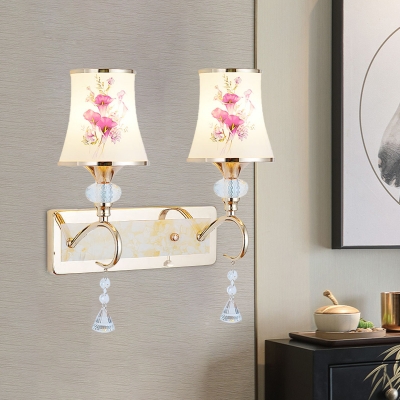 Contemporary Bell Wall Lighting 1/2-Light Cream Glass Wall Light in Gold with Crystal Draping