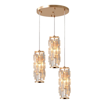 Contemporary Cylinder Cluster Pendant 3 Bulbs Clear Crystal Ceiling Suspension Lamp in Gold