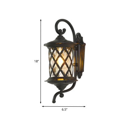 Cottage Lattice Cylinder Wall Lamp 1 Light Clear Glass Wall Light Fixture in Black with Curvy Arm