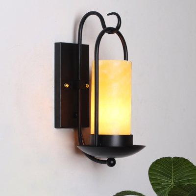 Countryside Cylinder Wall Hanging Light 1 Bulb Frosted Glass Wall Mount Lamp in Black