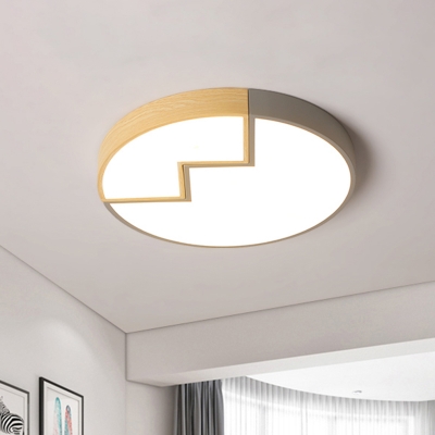 Crackle Circle Flush Mounted Lamp Macaron Acrylic Grey/Green and Wood LED Ceiling Light