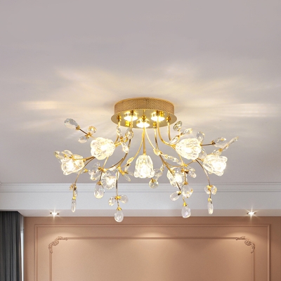 Crystal Floweret Semi Flush Chandelier Contemporary 7 Bulbs Hotel Ceiling Mount Light in Gold