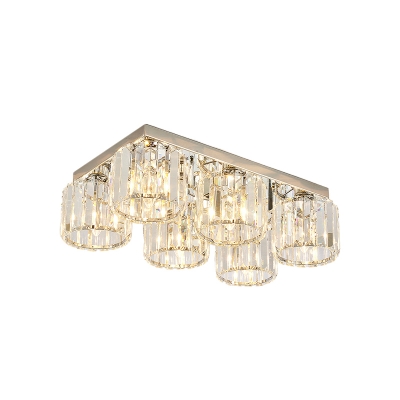 Crystal Rectangle Cylinder Flush Light Minimalism 4/6-Head Living Room Flush Mounted Lamp in Chrome