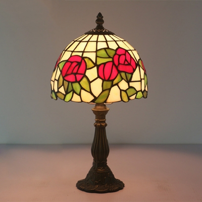 Cut Glass Bowl Shaped Night Table Lamp Baroque 1-Light Red/Pink Blossom Patterned Desk Light for Bedroom