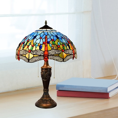 Cut Glass Dragonfly Patterned Desk Light Tiffany 2-Head Yellow and Blue/Blue and Green Pull Chain Table Lighting with Bowl Shade