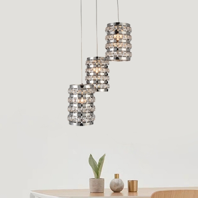 Cylinder Beveled Cut Crystal Drop Lamp Modernist 3-Bulb Dining Room Multi Pendant Light in Chrome