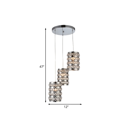 Cylinder Beveled Cut Crystal Drop Lamp Modernist 3-Bulb Dining Room Multi Pendant Light in Chrome