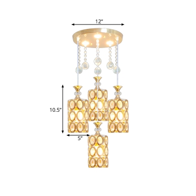 Cylindrical K9 Crystal Multi-Light Pendant Modernism 4 Heads Gold Suspension Lighting Fixture