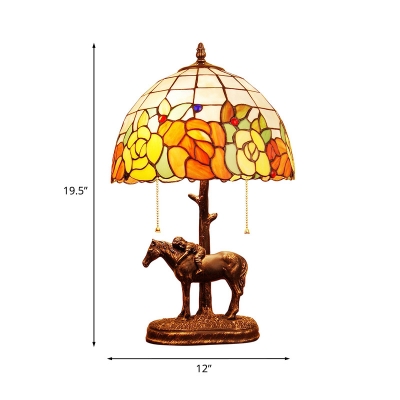 Dark Brown Dome Night Lamp Victorian 2 Heads Shell Rose Patterned Nightstand Light with Resin Horse Base