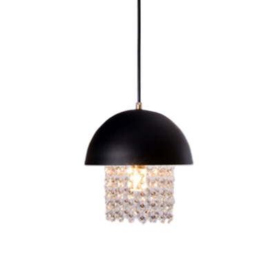 Dome Iron Pendant Light Simplicity 1 Head Dining Room Ceiling Lamp in Black with Crystal Drop