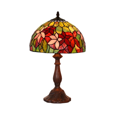 Dome Night Table Lighting Victorian Stained Art Glass 1-Bulb Bronze Desk Light with Blossom Pattern