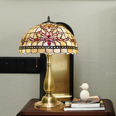 Dome Nightstand Lighting Tiffany Shell 2 Bulbs Gold Finish Bloom Patterned Table Lamp with Petal Pattern