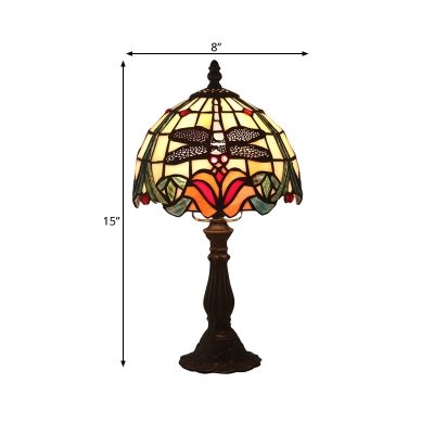 Dome Shade Cut Glass Night Table Lamp Mediterranean 1-Light Red/Orange Dragonfly and Petal Patterned Desk Lighting