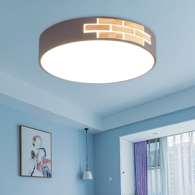 Drum Bedroom Ceiling Lighting Acrylic LED Simple Flush Mount Spotlight with Wood Detail in Grey/White/Pink