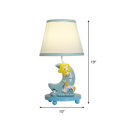 Fabric Cone Nightstand Light Countryside 1 Head Bedroom Table Lighting with Moon Pedestal in Blue
