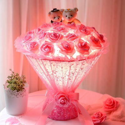 Fabric Rose Bunch Night Lamp Korean Garden 1 Bulb Bedroom Table Lighting in Pink