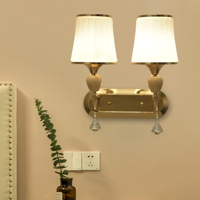 Flared Frosted White Glass Sconce Contemporary 2-Bulb Foyer Wall Mounted Light in Gold