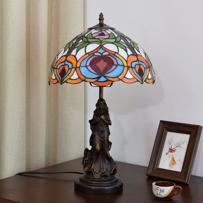 Goddess Table Lighting 1 Head Hand Resin Tiffany Style Nightstand Light in Bronze with Bowl Cut Glass Shade