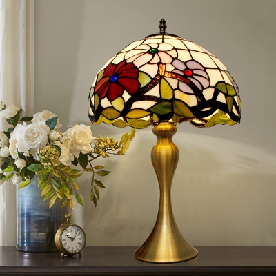 Gold Curved Shape Nightstand Light Tiffany 1-Light Metal Table Lamp with Peony Blossom Cut Glass Shade