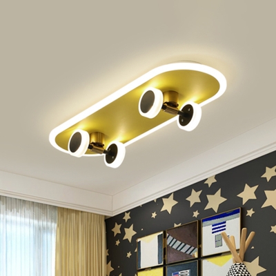Gold Skateboard Ceiling Light Fixture Kids Iron Integrated LED Flush Mount for Boy Room