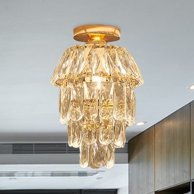 Gold Tiered Semi-Flush Ceiling Lamp Modernist Crystal Block 1 Light Corridor Flush Mount