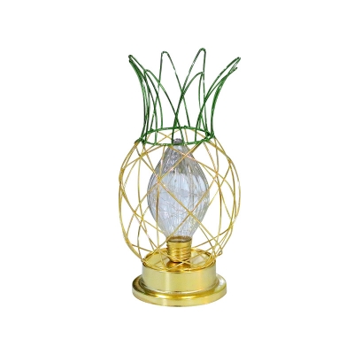 Green/Gold Pineapple Cage Night Lamp Modern Iron LED Table Stand Light with Diamond Glass Shade