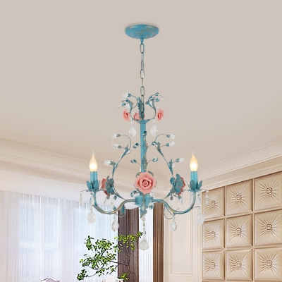 Iron Blue Chandelier Lighting Candlestick 3/6-Bulb Korean Flower Pendant with Crystal Draping
