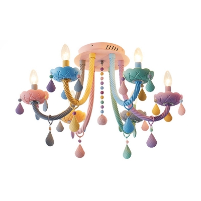Iron Candelabra Flush Chandelier Macaron 5/6 Heads Multi-Color Semi Mount Lighting with Stained Glass Drop