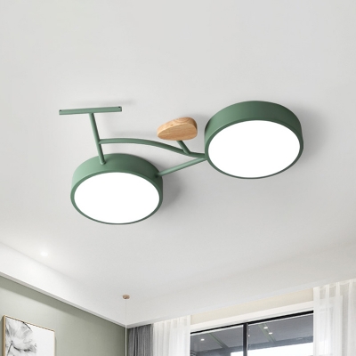 Kids Bike Iron Flush Mount Fixture LED Close to Ceiling Light in Grey/White/Green and Wood with Recessed Diffuser
