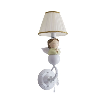 Kids Praying Angel Resin Wall Lighting Single-Bulb Wall Sconce with Pleated Fabric Shade in White
