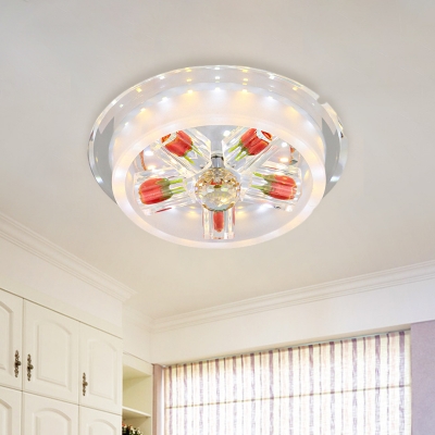 LED Crystal Flush Light Contemporary Red Circular Living Room Flushmount with Rose Decor
