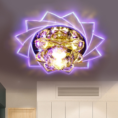 Lotus Hallway Ceiling Light Fixture Modern Crystal LED Yellow Flushmount in Purple/Blue Light