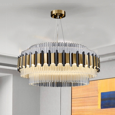 Mid Century Layered Circle Drop Lamp Crystal LED Chandelier Light Fixture in Black and Gold