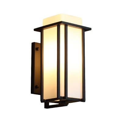Milky Glass Rectangle Sconce Lamp Rustic 1 Bulb Yard Wall Lighting in Black with Metal Frame