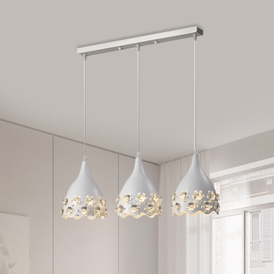 Modernist Conical Cluster Pendant Metal 3 Bulbs Dining Room Crystal Suspension Lamp in White