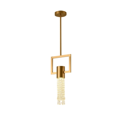 Modernist Tube Pendant Light Fixture Crystal Drip 1 Head Bedroom Hanging Ceiling Lamp in Brass with Frame