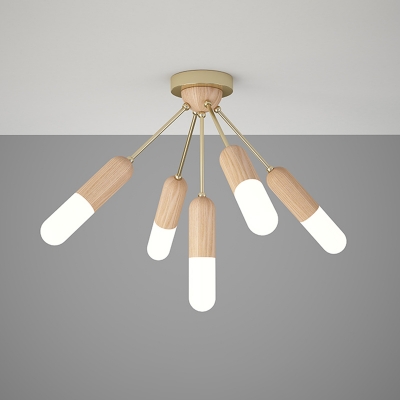 Nordic 3/5-Head Semi Flush Light Wood Sputnik Ceiling Mount Lamp with Acrylic Shade