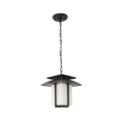 Opal Glass Black Hanging Light Fixture Cuboid 1 Head Traditional Down Lighting for Balcony