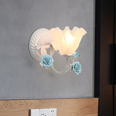 Pastoral Scalloped Wall Light 1 Head Opal Glass Wall Sconce in Pink/Blue with Rose Decoration
