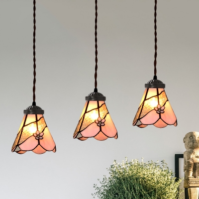 Pink 3 Lights Cluster Pendant Tiffany Hand Cut Glass Bowl/Morning Glory Multiple Hanging Light Fixture