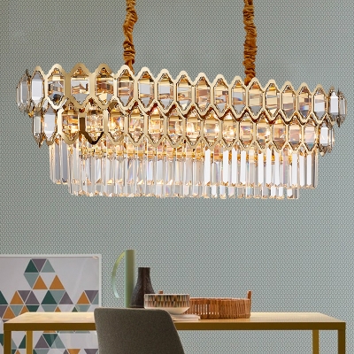 Postmodern Oblong Island Pendant 10 Bulbs Crystal Rectangle Suspension Light in Gold