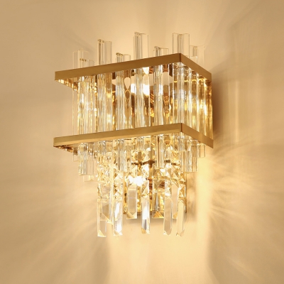 Postmodern Rectangle Flush Mount 3 Lights Clear Fluted Crystal Wall Sconce in Gold