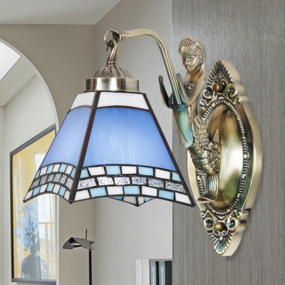 Pyramid Wall Mount Fixture 1 Bulb Blue Glass Mission Style Sconce with Mermaid in Bronze