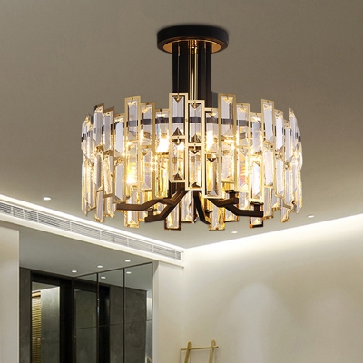 Rectangular-Cut Crystals Drum Flush Light Modern 6 Bulbs Dining Room Semi Flush Mount Ceiling Fixture in Black