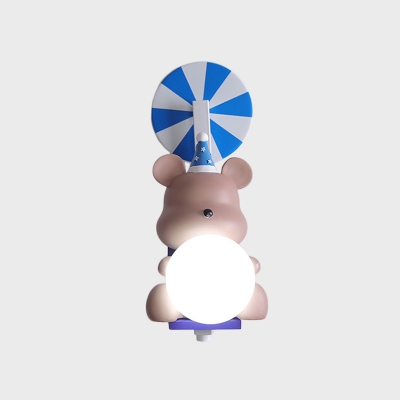 Resin Bear Wall Lighting Fixture Cartoon Pink/Blue LED Wall Sconce with Globe White Glass Shade