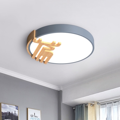 Round Bedroom LED Ceiling Fixture Acrylic Nordic Flush Mount Lamp in White/Green/Grey with Wood Elk Decor