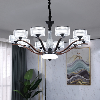 Round Ribbed Crystal Chandelier Modernism 10 Heads Dining Table Suspension Pendant Light in Black