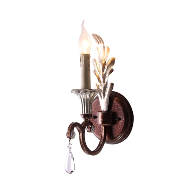 Rust 1 Bulb Wall Lighting Vintage Iron Candlestick Wall Sconce with Crystal Accent
